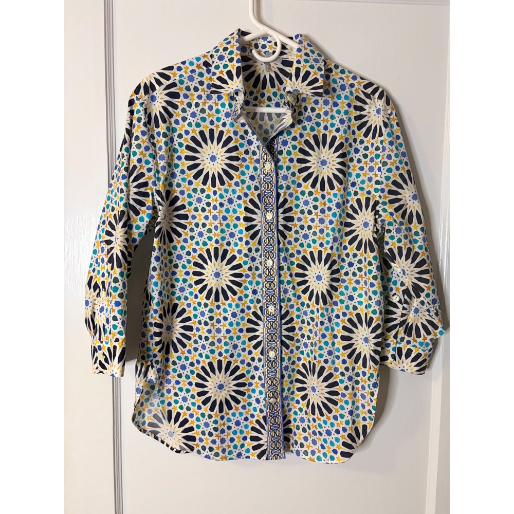 Hinson Wu Halsey Geometric Moroccan Tile Print Button Up Shirt Blue Yellow S
